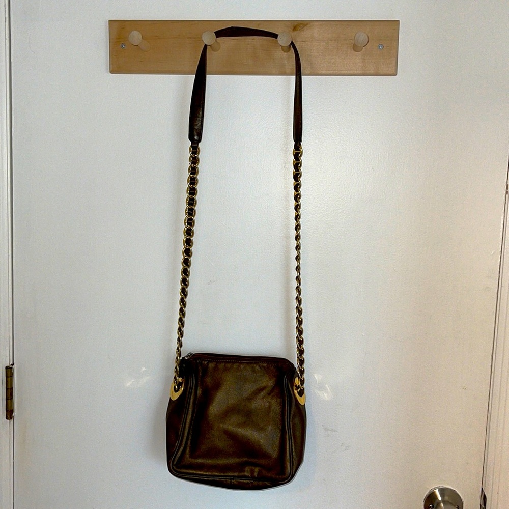 LJS gold crossbody purse with golden strap hardware & zipper pocket outside.